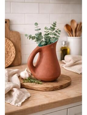 Terracotta Ceramic Pitcher with Turquoise Glaze – Organic Modern Pottery Vase